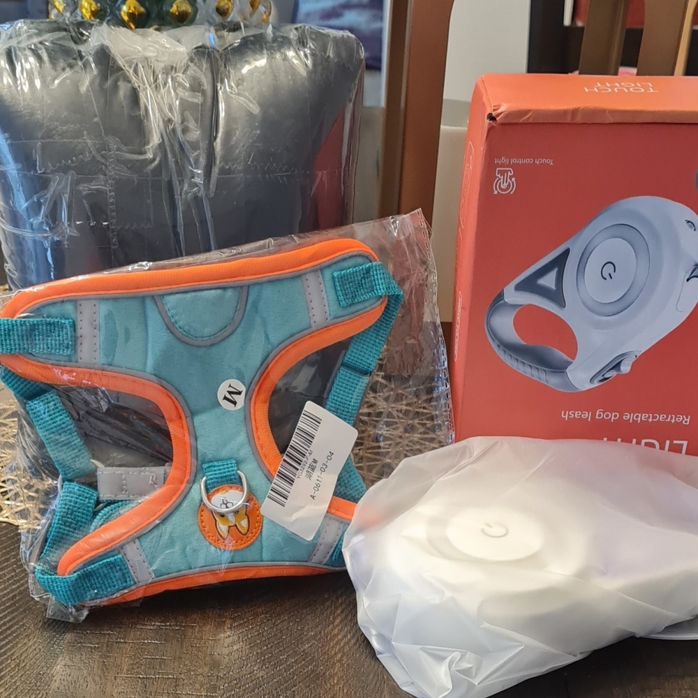 Vibrant Orange and Blue Dog Harness. Smart Leash & Dog Bed.